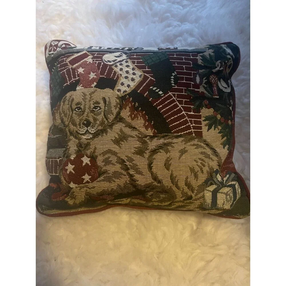 Needlepoint Christmas Accent Pillow Dog in front of Fireplace 12 Inch